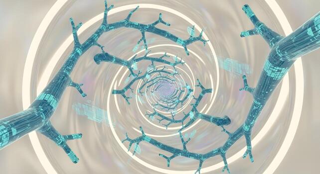 Abstract digital neural network or biological vessels branching within a swirling, futuristic data tunnel, representing complex scientific research and technological innovation photo