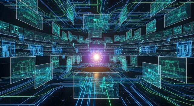 Futuristic Digital Arena with Glowing Circuits and Data Displays, Representing Advanced Technology, Artificial Intelligence, and Interconnected Networks in a Virtual Space photo