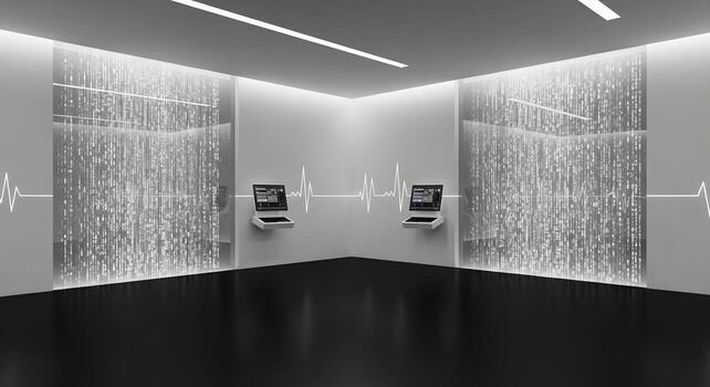 Minimalist Modern Workspace Design Digital Data Stream in a Futuristic Office Setting photo