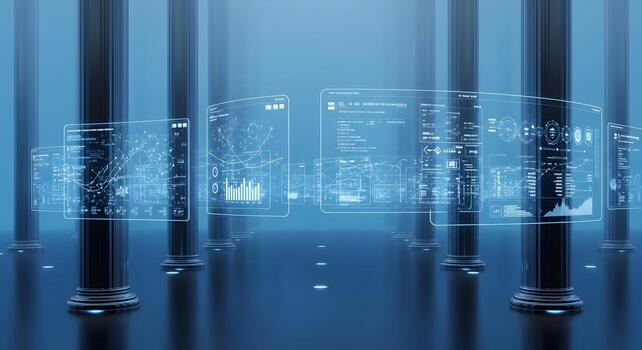 Data Analysis Visualization in a Digital Space with Information Charts and Ancient Pillars photo