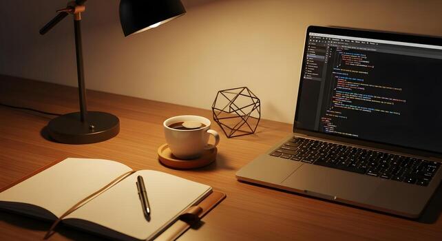 Cozy and efficient workspace with a laptop displaying code, an inviting cup of coffee, and an open notebook under warm lamplight, perfect for focused deep work photo