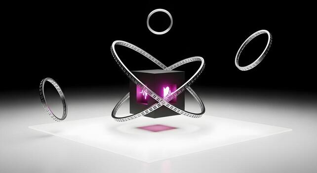 Abstract 3D rendering of a geometric cube with surrounding rings, futuristic design photo
