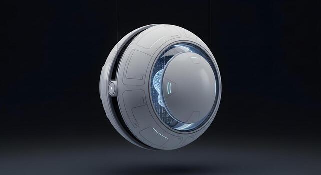 Conceptual advanced AI sphere for data processing and future technology, featuring intricate designs and glowing blue elements, artfully suspended against a simple dark background photo