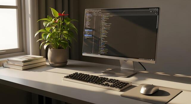 Clean and modern minimalist home office workspace featuring a computer monitor displaying programming code, a keyboard, mouse, and a potted plant on a well-lit desk, promoting focus and productivity photo
