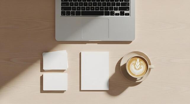 Top view of a minimalist desk setup with a laptop, blank stationery, and a latte, showcasing a modern and productive workspace photo