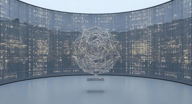 Abstract Sculpture in Modern Architecture with Digital Background Displaying Data Visualization photo