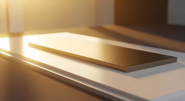 Minimalist golden rectangular platform casting a warm light and shadow in a modern, clean interior design setting photo