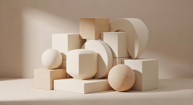 Sophisticated display of diverse geometric objects in warm, earthy tones, artfully stacked on various pedestals to create a serene and balanced minimalistic 3D scene photo