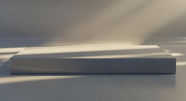 A simple, clean, and minimalist 3D rendering of a rectangular podium bathed in soft, directional light creating a serene and inviting atmosphere for product display or presentations photo