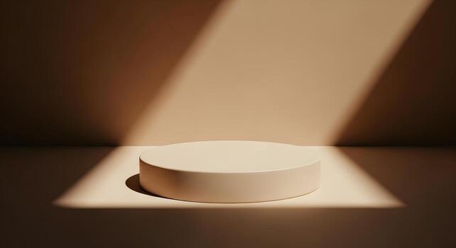 Elegant minimalist product display podium illuminated by a striking diagonal beam of natural sunlight, creating a serene and sophisticated abstract showcase on a warm beige background photo
