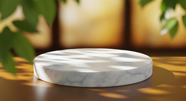 Elegant marble product display podium illuminated by natural dappled sunlight and soft leaf shadows, creating a serene and minimalist backdrop for showcasing items photo
