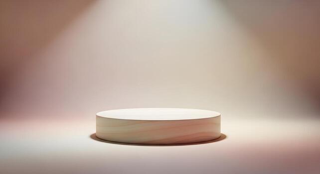 A minimalist round wooden pedestal on a soft gradient background, illuminated by soft spotlight lighting, ideal for product display or presentations photo