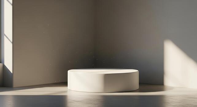 Minimalist circular podium bathed in dramatic natural sunlight and sharp shadows within an empty, modern architectural room, ideal for product display or abstract presentations and advertising photo