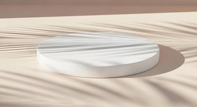 Minimalist white circular podium casting a shadow with palm leaf patterns under soft, warm sunlight, perfect for product display photo