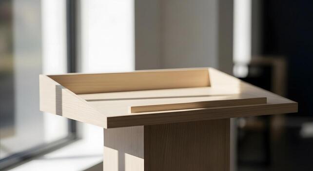Elegant wooden lectern design bathed in natural light, standing ready for public address or presentation in a modern, serene indoor setting with soft shadows and clean architectural lines photo
