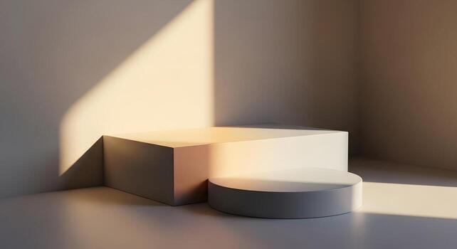 Empty display podiums on a white background, featuring a modern geometric design with soft natural light and shadow play, ideal for product presentations or conceptual art photo