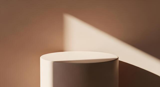 Sophisticated cylindrical display stand in warm beige tones, highlighted by natural light and geometric shadows, creating a serene, modern backdrop photo