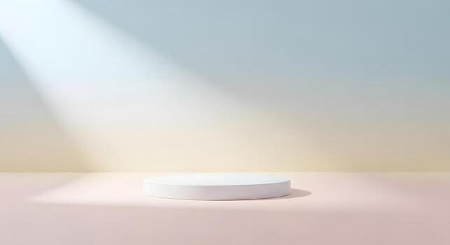 Sleek minimalist white cylindrical display podium illuminated by a diagonal spotlight against a soft gradient backdrop, perfect for product showcases or abstract concepts photo