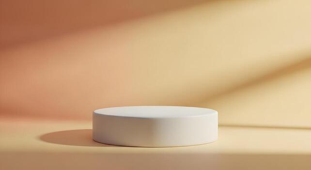 Minimalist cylindrical podium display with elegant sunlight shadows on a warm background, ideal for product showcasing and abstract scene compositions photo