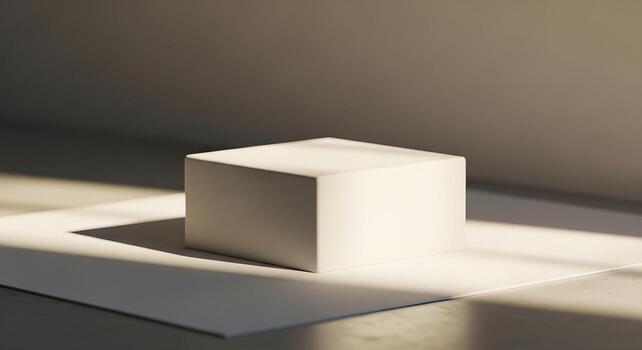 A minimalist white cube-shaped podium bathed in soft sunlight, casting a gentle shadow on a clean surface, ideal for product display or abstract presentations photo