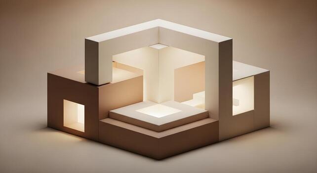 Abstract geometric architectural model featuring interconnected blocks and glowing interior lights, showcasing modern minimalist design and spatial complexity for conceptual projects photo
