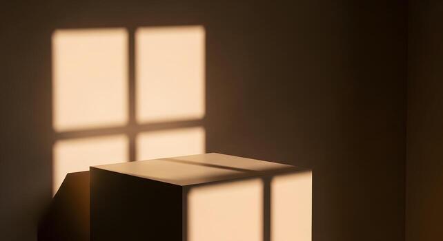 minimalista cubo podio iluminado por luz de sol y sombra, ideal para producto monitor y presentación foto