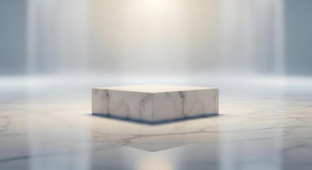 Stylish white marble display podium illuminated by soft spotlights on a reflective floor, creating a minimalist and elegant backdrop for product showcasing or abstract presentation photo