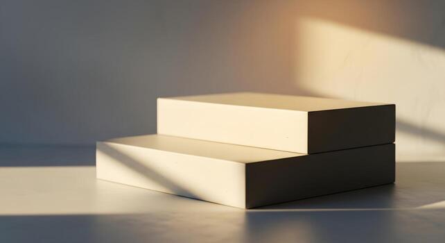 Abstract minimalist concrete display platform with tiered steps, bathed in warm natural sunlight creating dramatic shadows, ideal for elegant product showcases and architectural concepts photo