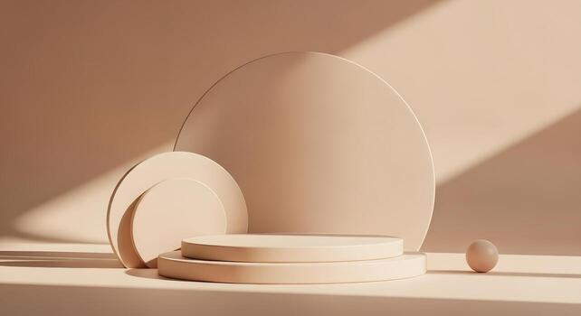 Serene 3D rendered scene featuring minimalist circular podiums and geometric shapes with subtle shadows, creating an elegant product display backdrop photo