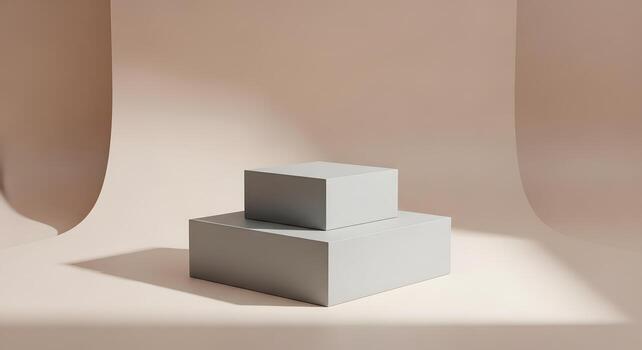 Minimalist gray geometric blocks creating a modern product display stage with soft shadows on a neutral beige background for abstract presentations and product showcases photo
