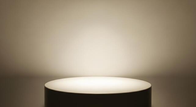 Minimalist circular display podium illuminated by soft spotlight, creating an elegant empty stage for product presentation, award ceremony, or conceptual showcase against a subtle background photo