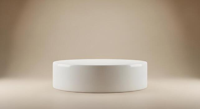 Empty white round display stand, a cylindrical podium, bathed in gentle light on a neutral beige surface, creating a pristine stage for product presentations or conceptual visuals photo