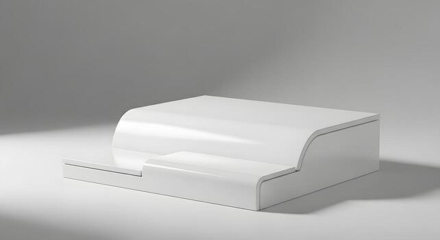 A minimalist white podium with smooth curves and a layered design, perfect for product displays and presentations on a clean background photo