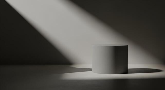 Minimalist 3D Render of a Gray Cylinder Podium Illuminated by Dramatic Light Rays, Perfect for Product Display photo