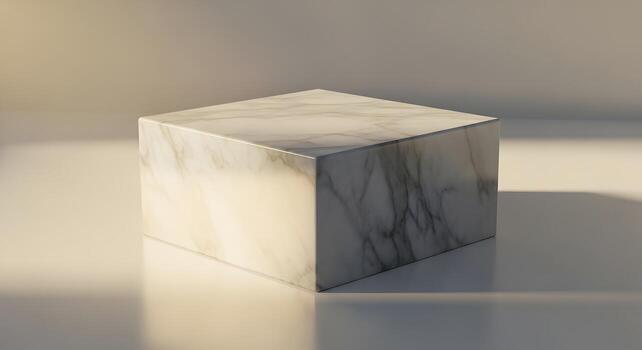 A realistic 3D rendering of a cube with a marble texture, casting a soft shadow on a clean white surface under diffused lighting photo
