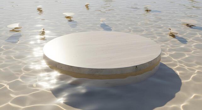 minimalista Roca podio reflejando ligero en ondulación agua superficie, ideal para producto monitor o arquitectónico visualización foto