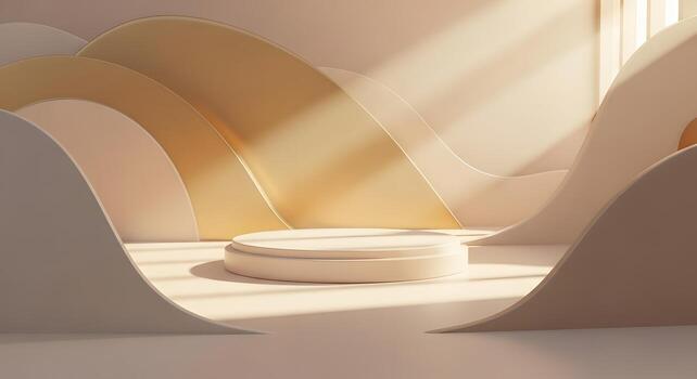 agraciado 3d arquitectónico hacer con un central monitor pedestal, ondulante cálido formularios, y moteado luz de sol, creando un sofisticado producto promoción ajuste foto