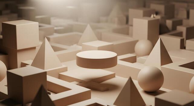 Abstract 3D rendering with a central floating cylindrical podium amidst a landscape of geometric shapes, ideal for product showcases or conceptual design displays photo