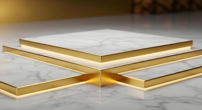 Luxurious white marble square display platforms with golden illuminated edges, geometrically arranged on a reflective surface, perfect for elegant product presentations photo