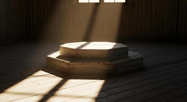 Sunlit wooden podium in a quiet, rustic room, bathed in ethereal light rays and dust, creating a dramatic spotlight effect on the empty stage, awaiting a focal moment photo