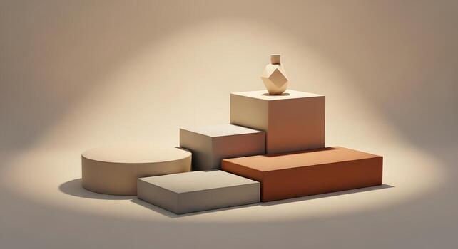 Modern minimalist geometric display stands in soft neutral tones, elegantly illuminated by a spotlight, ideal for abstract product visualization and conceptual designs photo