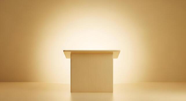 A minimalist, empty podium bathed in a warm, soft light, perfect for presentations, speeches, or award ceremonies, creating a focused and professional atmosphere photo