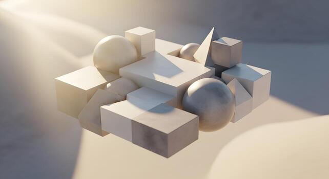 Abstract Geometric Composition A Surreal 3D Render of Cubes, Spheres, and Forms in Light photo
