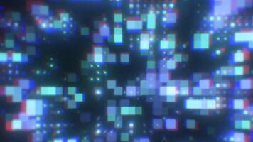 suddig lysande kvadrater och pixlar i olika färger flytande i en mörk digital Plats video
