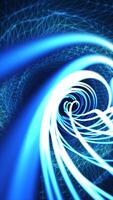 Abstract 3D blue tunnel made of digital wireframe and light swirls, symbolizing data flow and motion video