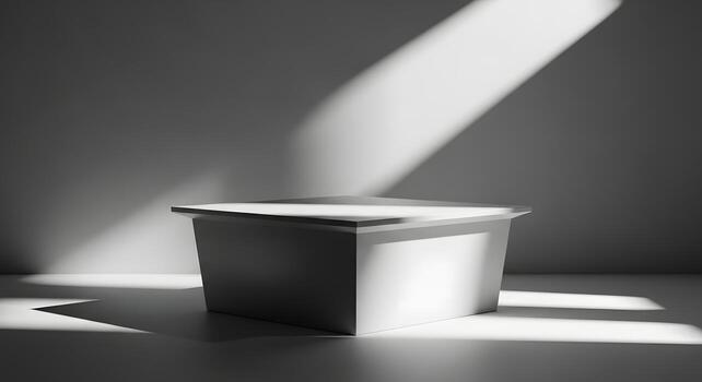 Modern white presentation podium with a dramatic diagonal light beam, casting deep shadows for elegant product display or abstract conceptual presentation in a minimalist studio photo
