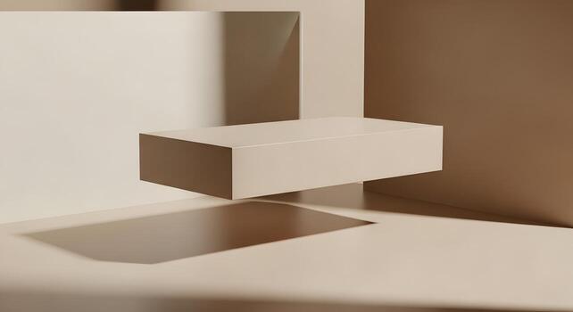 Elegant minimalist floating beige podium in a geometric abstract scene with soft shadows, perfect for product display, branding, or artistic presentation concept photo