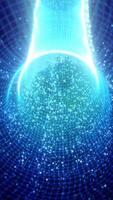 Abstract glowing blue grid structure forming a tunnel of light particles in a digital space video