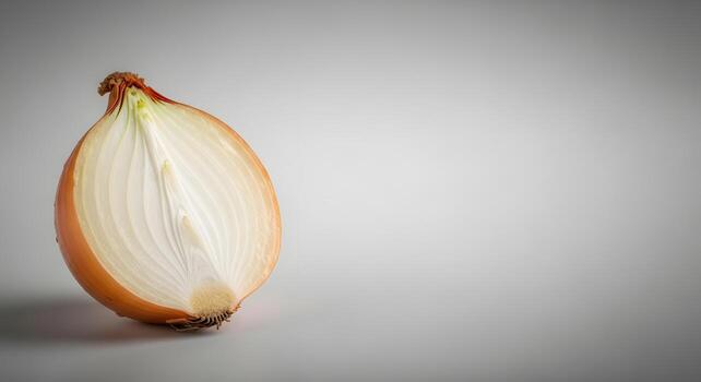 Fresh yellow onion, precisely halved to showcase its crisp, translucent layers and natural texture, isolated on a clean, minimalist studio background, perfect for culinary projects photo