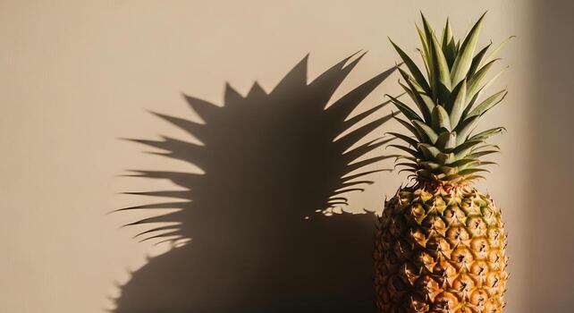 Close-up of a fresh pineapple with its sharp shadow against a neutral background photo